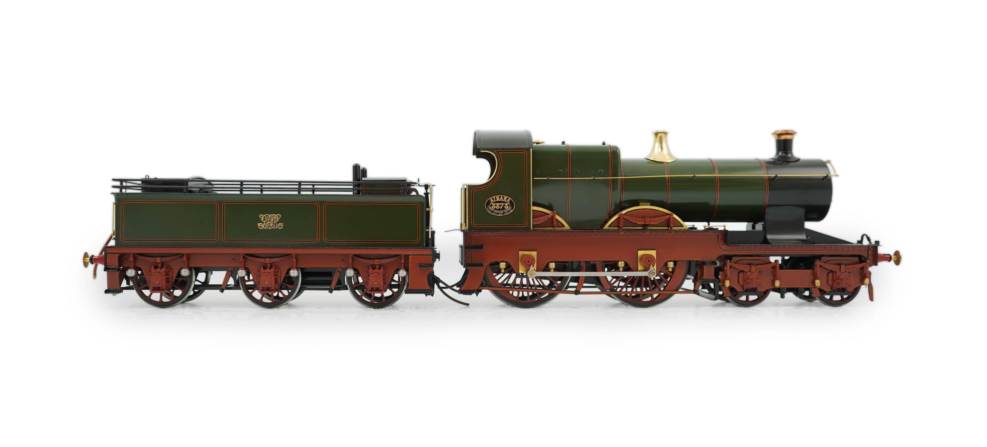 A Gauge One model of GWR Atbara Class, Atbara 3373, 4-4-0 tender locomotive, the model is unpowered, allowing for detailed valve gear and cylinders between the frames.